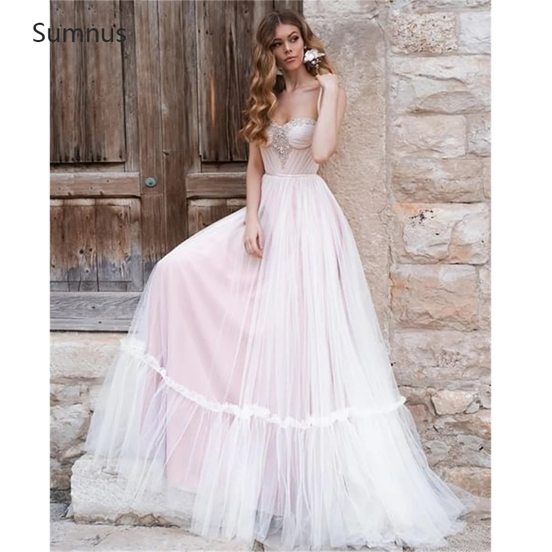

Sumnus Graceful Pink Strapless Wedding Dress 2022 Sweetheart Tulle Lace Appliques Vestidos De Novia Robe De Mariée Custom Made