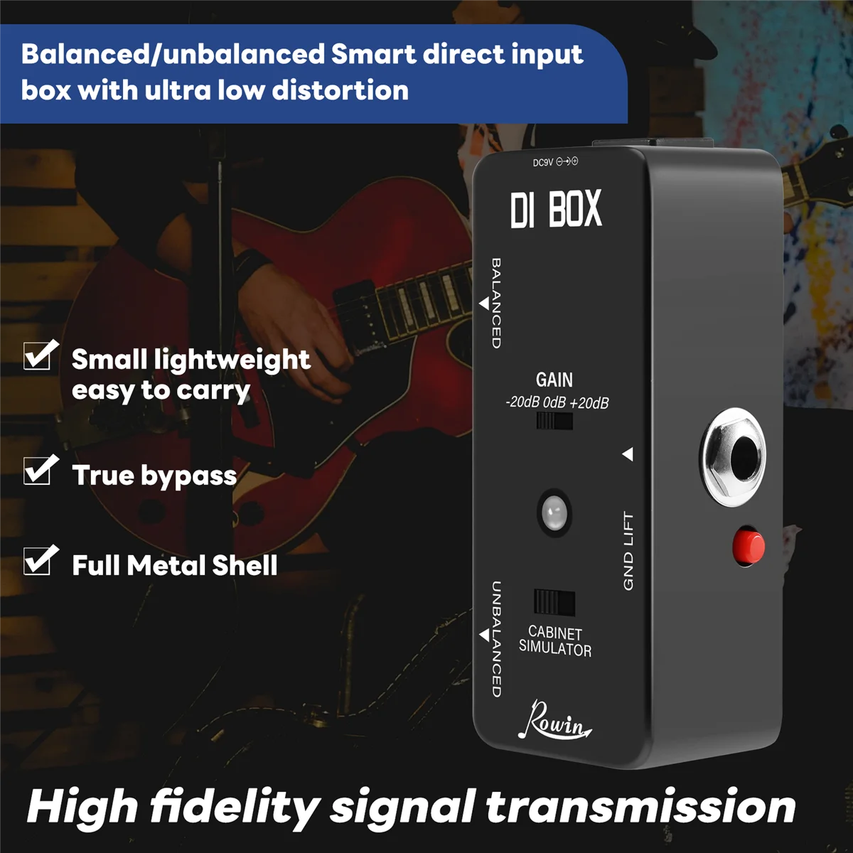 Rowin DI BOX LEF-331 Micro-DI with Cab Sim and Gain Guitar Effect Pedal True Bypass