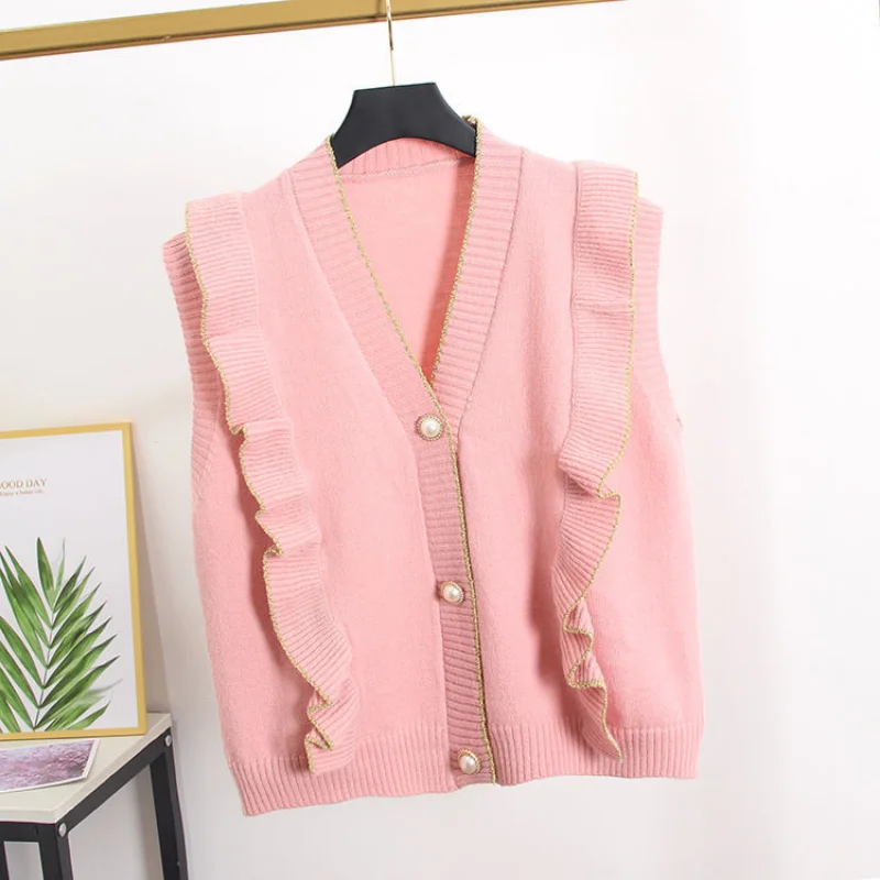 

New Vestes Women's Sweater Knitting Sleeveless Cardigan Korean Fashion Spring Autumn Jacket Tops Loose Coats V-neck Ruffles