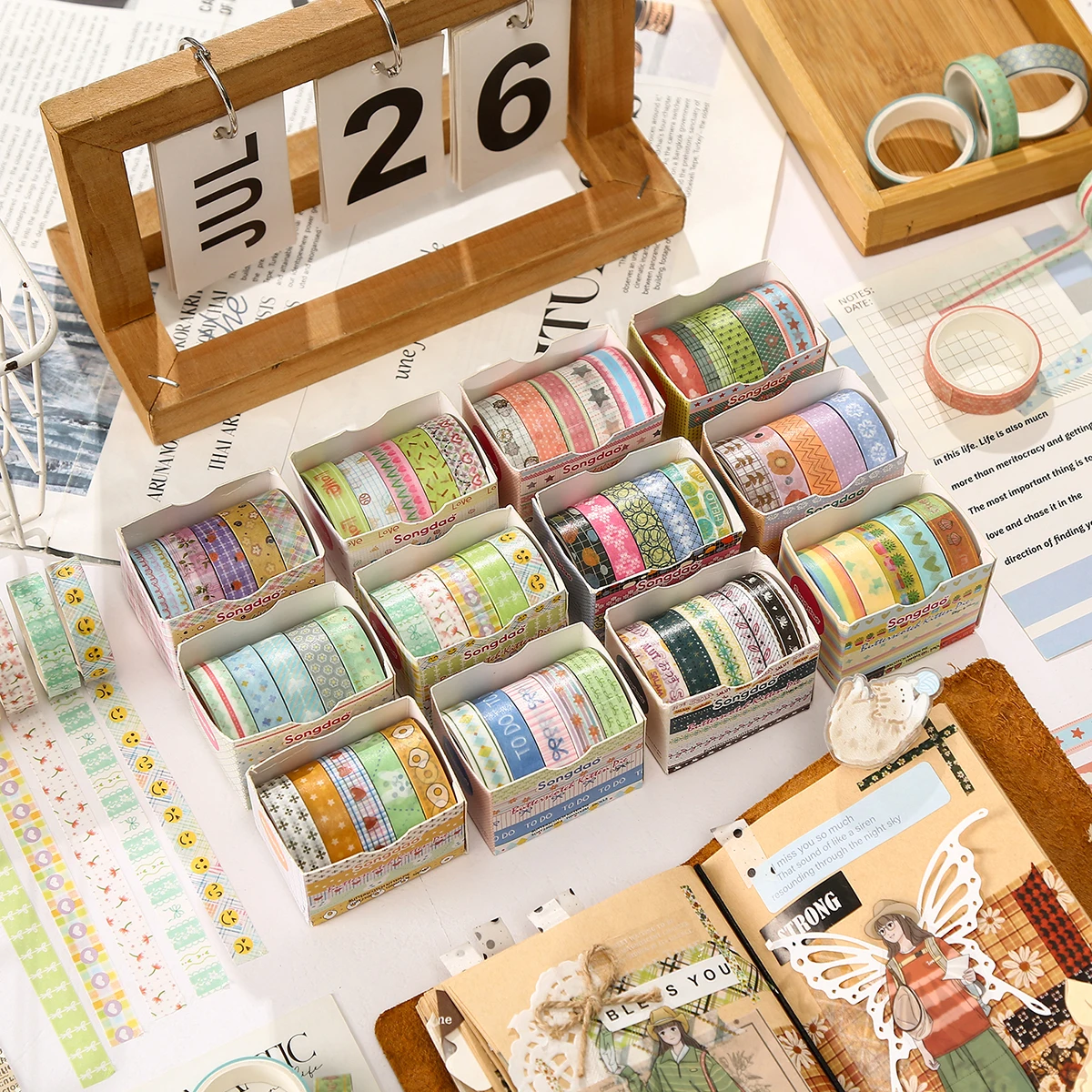 꽃무늬 와시 테이프 세트 5롤, DIY 저널링 및 스크랩북킹을 위한 고급 장식 테이프, 창의적인 수제 선물