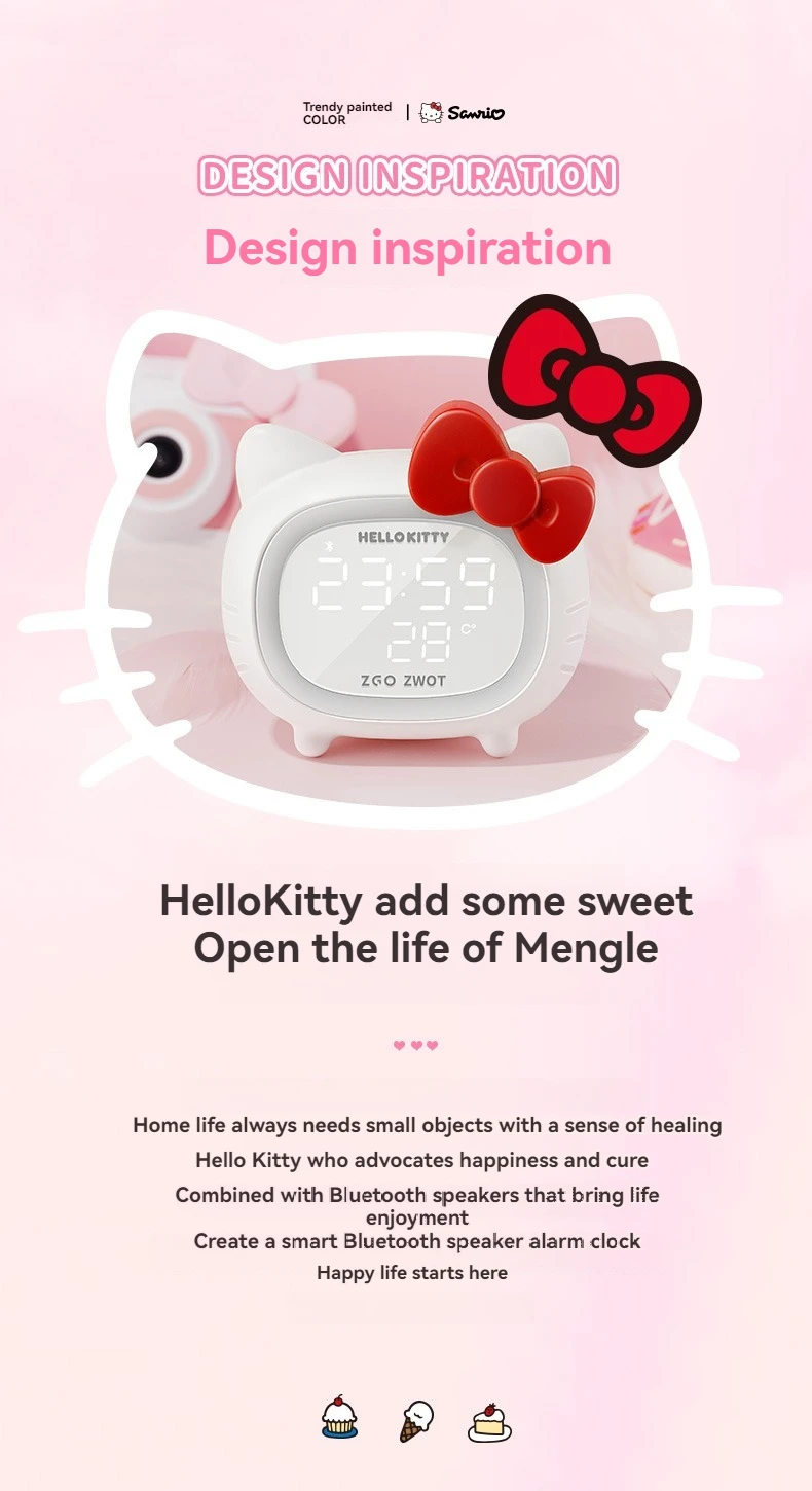 Description Picture 3 of itemSanrio ZGH-096 Bluetooth Speakers HelloKitty Kids Smart Alarm Clock LED Atmosphere Light Multi-Function KT Cat Speakers Gifts