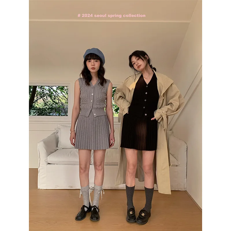 

knit 2 piece set new 2024 summer crop top+mini pleated skirt women