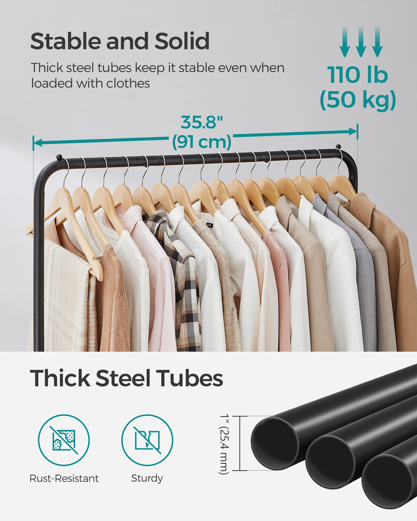 SONGMICS Clothes Rack with Wheels, Double-Rod Clothing Rack for Hanging Clothes 3