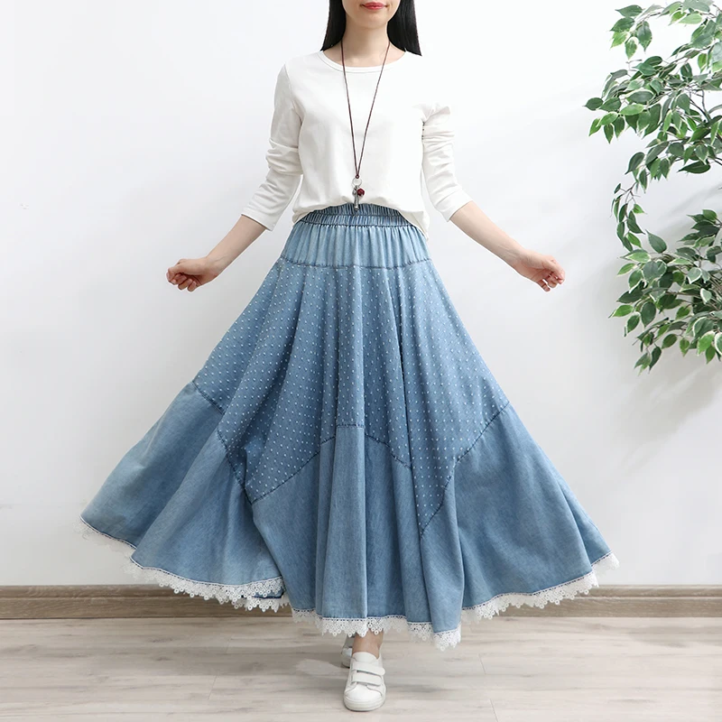 TIYIHAILEY Free Shipping 2022 Long Maxi A-line Skirt Women Elastic Waist Summer Spring Denim Jeans Vintage Big Hem Skirt Lace