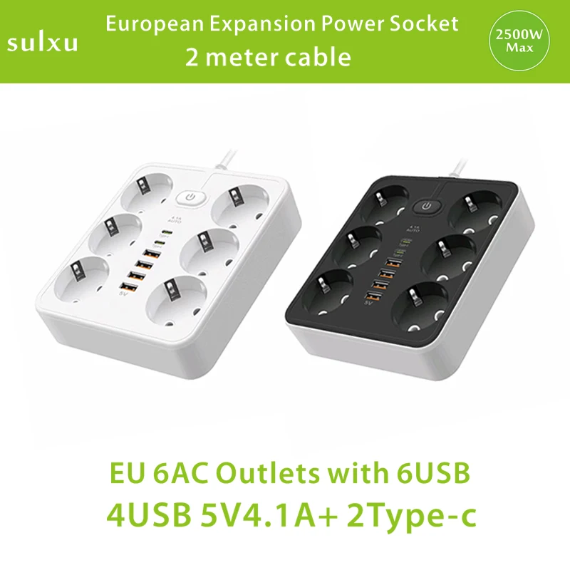 EU Expansion  power socket  6 Outlets with USB-A and USB-C 5V4.1A  charger port power strip 2-meter cable power board