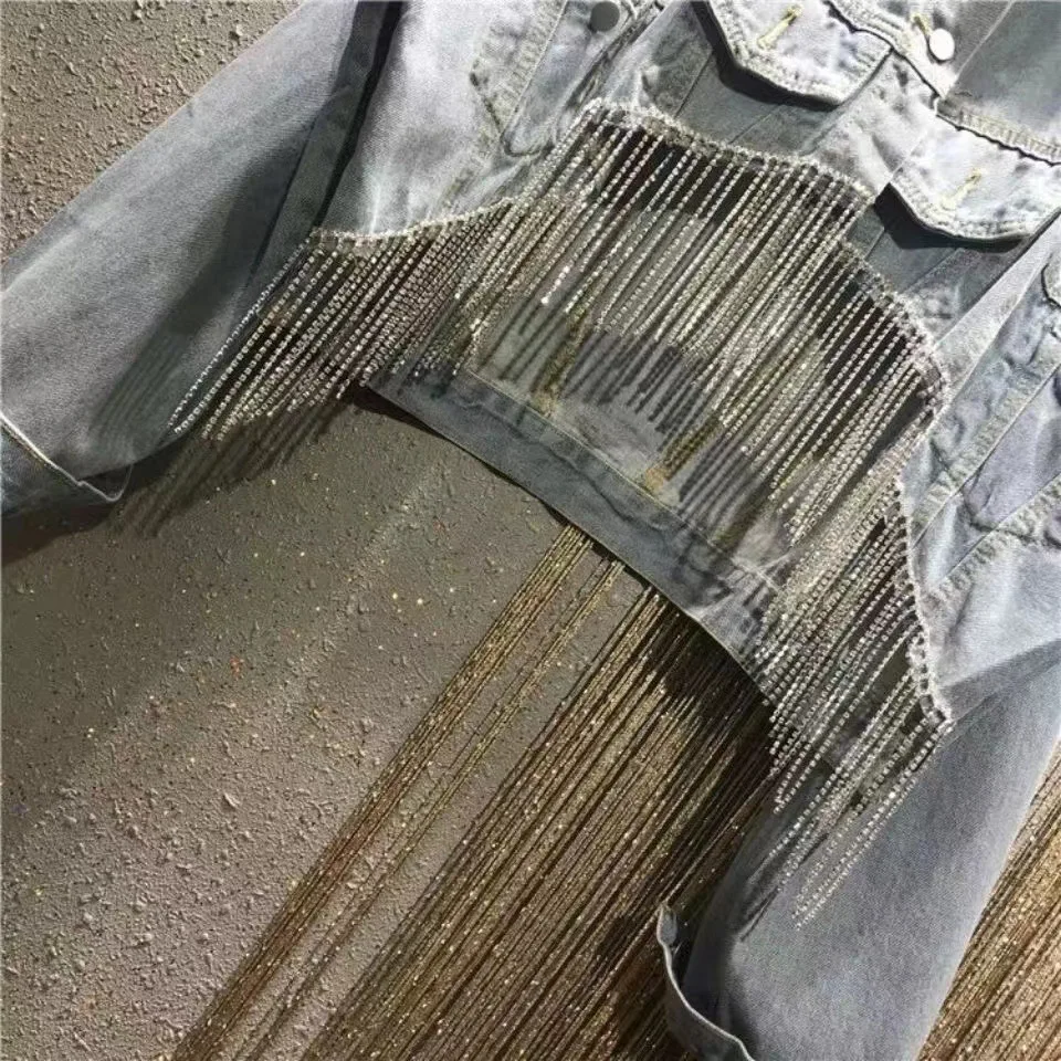 Giacca di jeans strass per donna giacca di jeans donna coreano nuovo cappotto Tael Streetwear Caual manica lunga Top_voghion.com