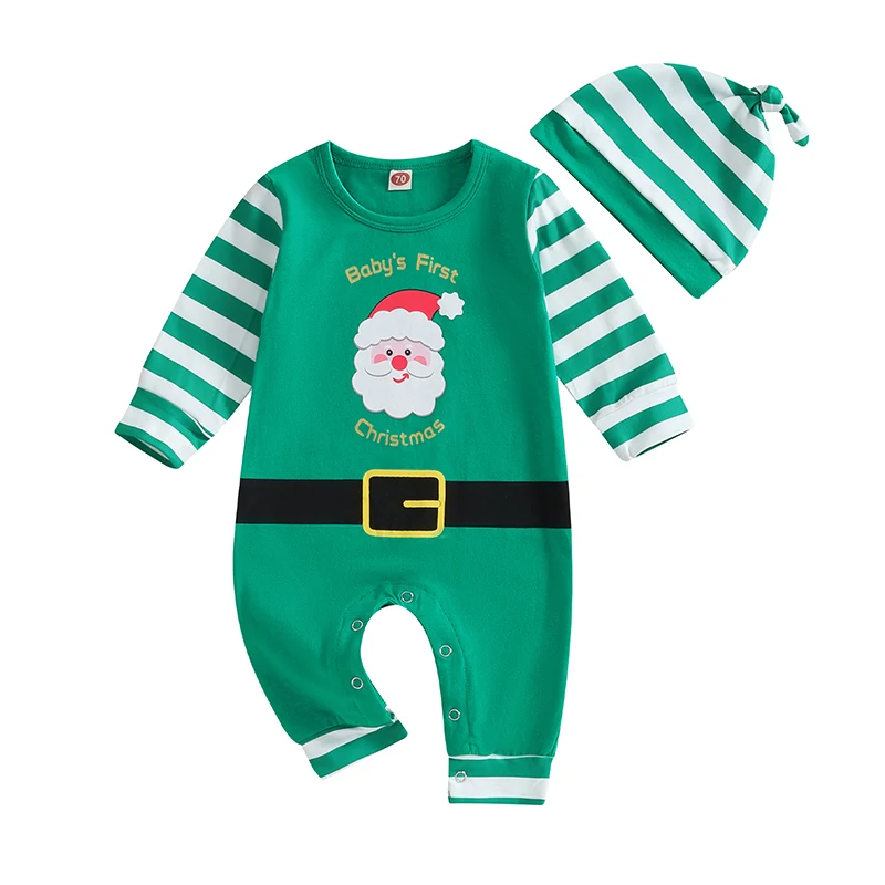 Baby Santa Costume Striped Long Sleeve Round Neck Belt Print Romper Hat Set Christmas Outfit