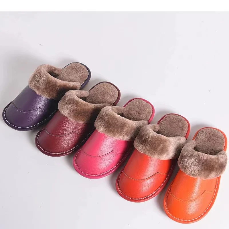 Autumn Winter New Thick Leather Cover Toe Warm Breathable Woman Couple Household Indoor Non-slip Waterproof Cotton Slippers Man 2