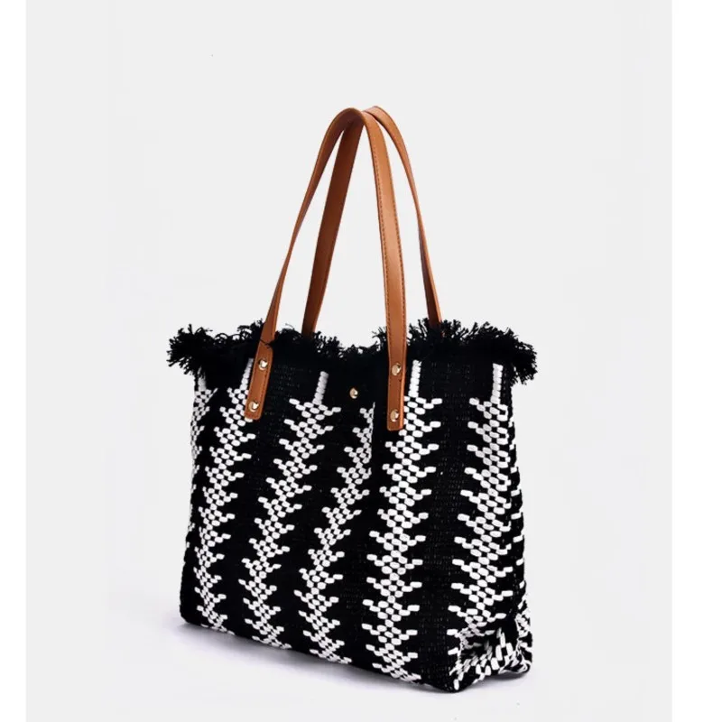 JIAERDI Woven Fringe Tote Bag Women Black Large Capacity Handbag Ladies Fashion Casual Versatile Personalized Underarm Bag 2025