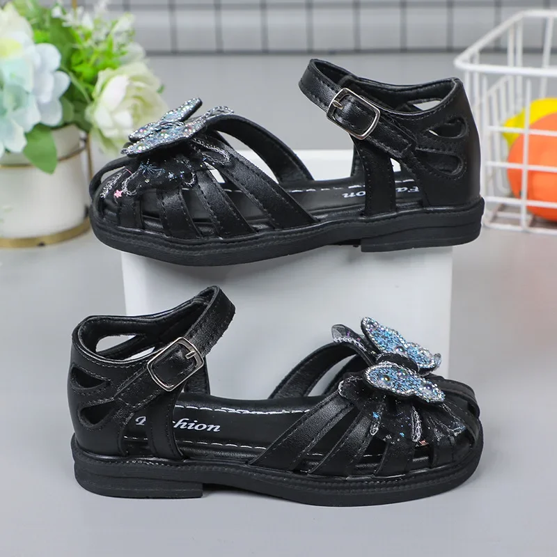 2025 Summer Girls Sandals Princess Beach Shoes Cut-outs Kids Sandals Crystal Butterfly Lace Sweet Soft Breathable Anti-kick Cute