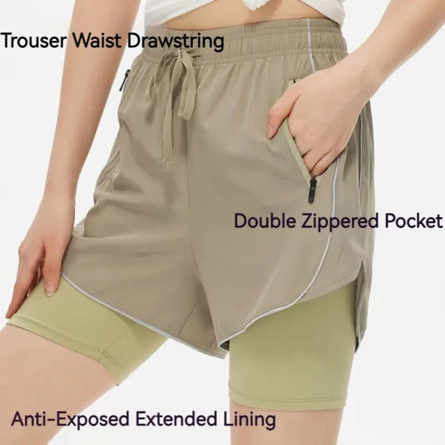 High Waist 2 in 1 Anti-Exposed Gym Sport Shorts Women Quick Dry Badminton Running Tennis Cycling Shorts with Zipper Pocket