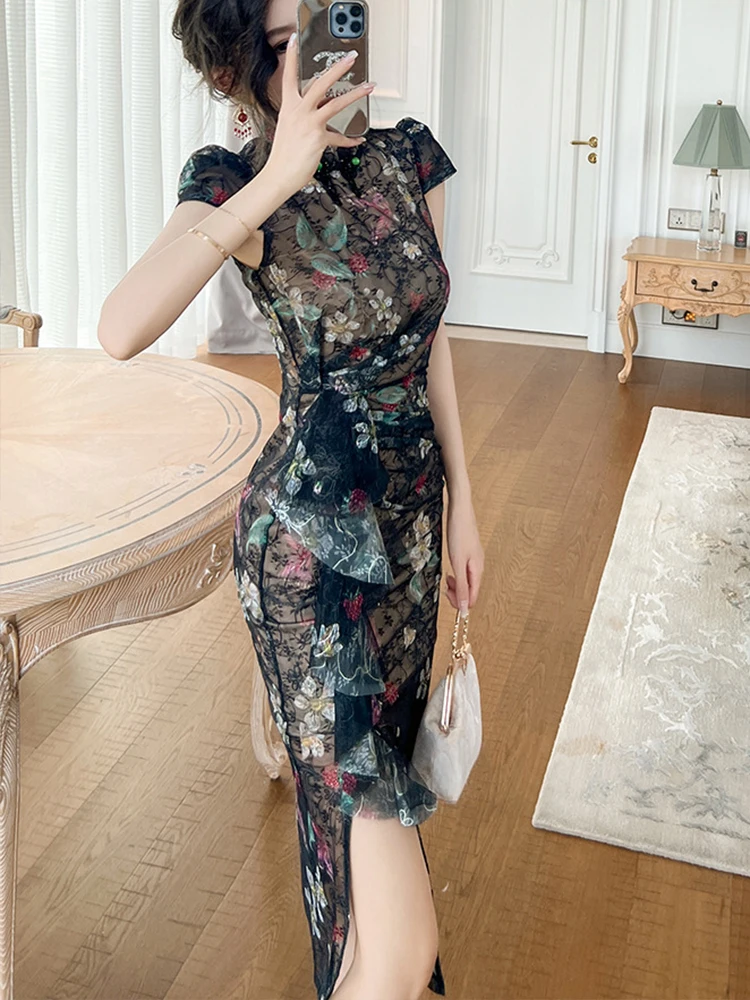 Women Chinese Cheongsam Style Sexy Strapless Buckle Split Floral Print  Patchwork Sling Midi Dress - AliExpress