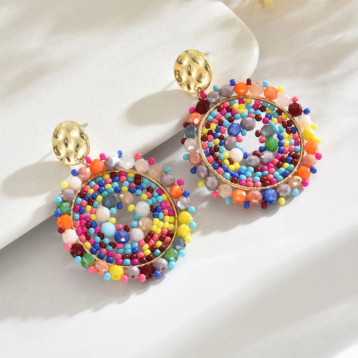 Bohemain Colorful Round Crystal Beads Drop Earrings for Women Ladies Handmade Geometric Metal Earrings Summer Party Jewelry Gift