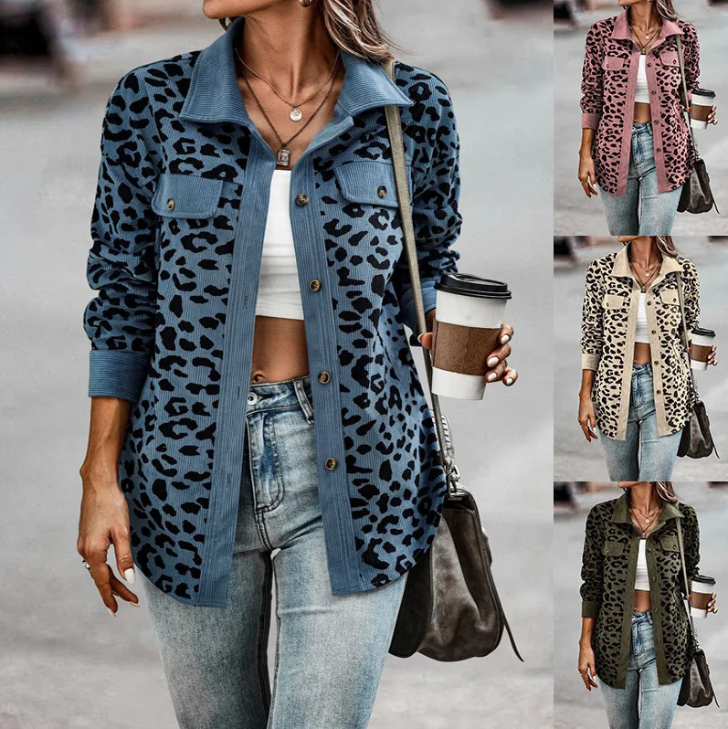 2023 Autumn Leopard Jacket Women Corduroy Jacket Coat Women Overshirt Long Sleeve Winter Loose Shirt Jackets for Women