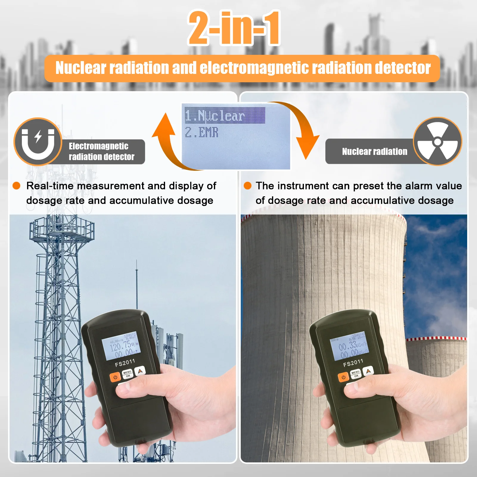 FS2011 2 in 1 Geiger Counter Electromagnetic Nuclear Radiation Detector EMF Meter Handheld Marble Radioactive Testing Tools radiation detector emf meter tester geiger counter