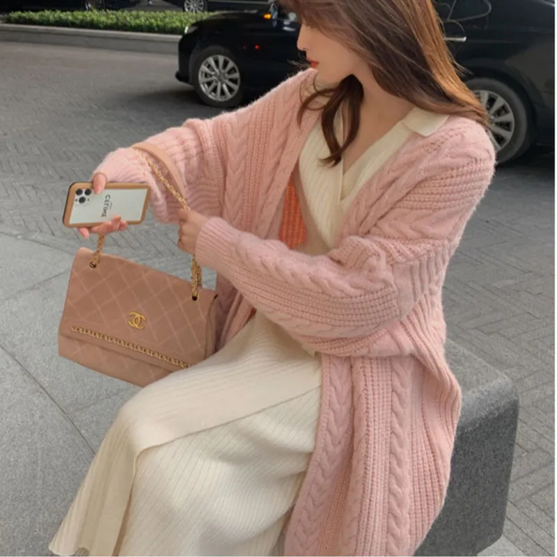 Women Knitted Cardigan Sweater V Neck Loose Long Jacket