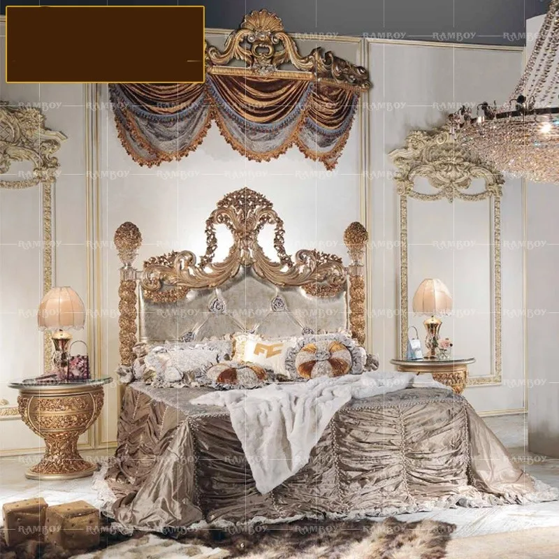 

Luxury palace bedroom furniture solid wood carved double bed Italian leather French princess bed