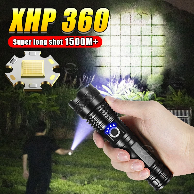 2024 XHP360 LED Ultra Powerful Flashlight 18650&26650 USb Rechargeable High Power Tactical Flashlights IPX6 Waterproof Lantern