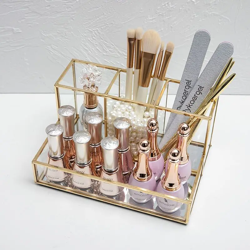 

Glass Makeup Organizer Cosmetic Organizer With Golden Covered Edge Pencil Box Perfume Makeup Tools Lipstick Organizer Bathroom