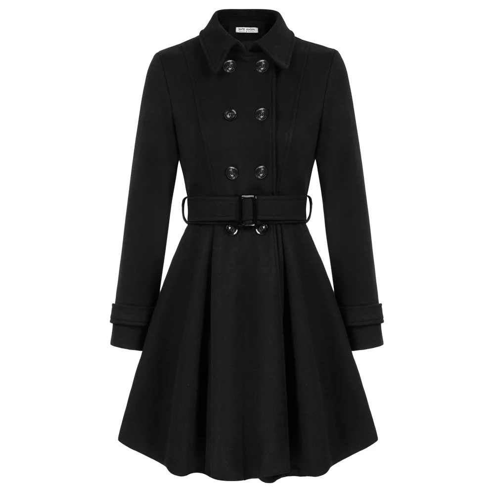 

KK Women Lapel Collar Peacoat With Belt Above Knee Double Breasted Overcoat Lady Winter Double Breasted Woolen Long Coat A30