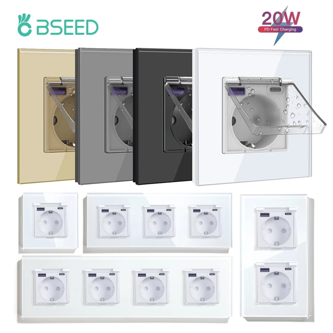 เต้ารับไฟฟ้าแบบติดผนัง BSEED Sinlge EU พร้อมพอร์ต USB Type-C 20W ฝาครอบกันน้ำ เต้ารับไฟฟ้าแบบคู่และแบบสามช่อง สำหรับห้องน้ำ ภายนอกอาคาร กรอบกระจก 1