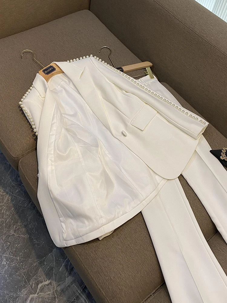 Spring Autumn Delicacy Beads Lady Office Suit Long Sleeve Single Button Blazer Flared Pants Women Solid 2Pcs 3