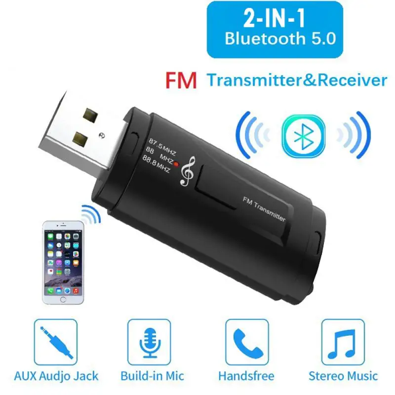 

In 1 FM Transmitter Car Bluetooth-compatible 5.0 Receiver USB FM Modulator 3.5mm AUX Audio Music Player Handsfree Call Adapter