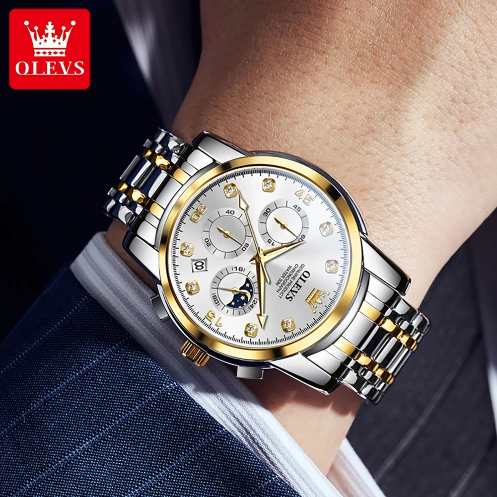 OLEVS 2889 Multi-function Waterproof Quartz Watch For Men Stainless Steel Strap Men Wristwatch Luminous Chronograph Watches Gift