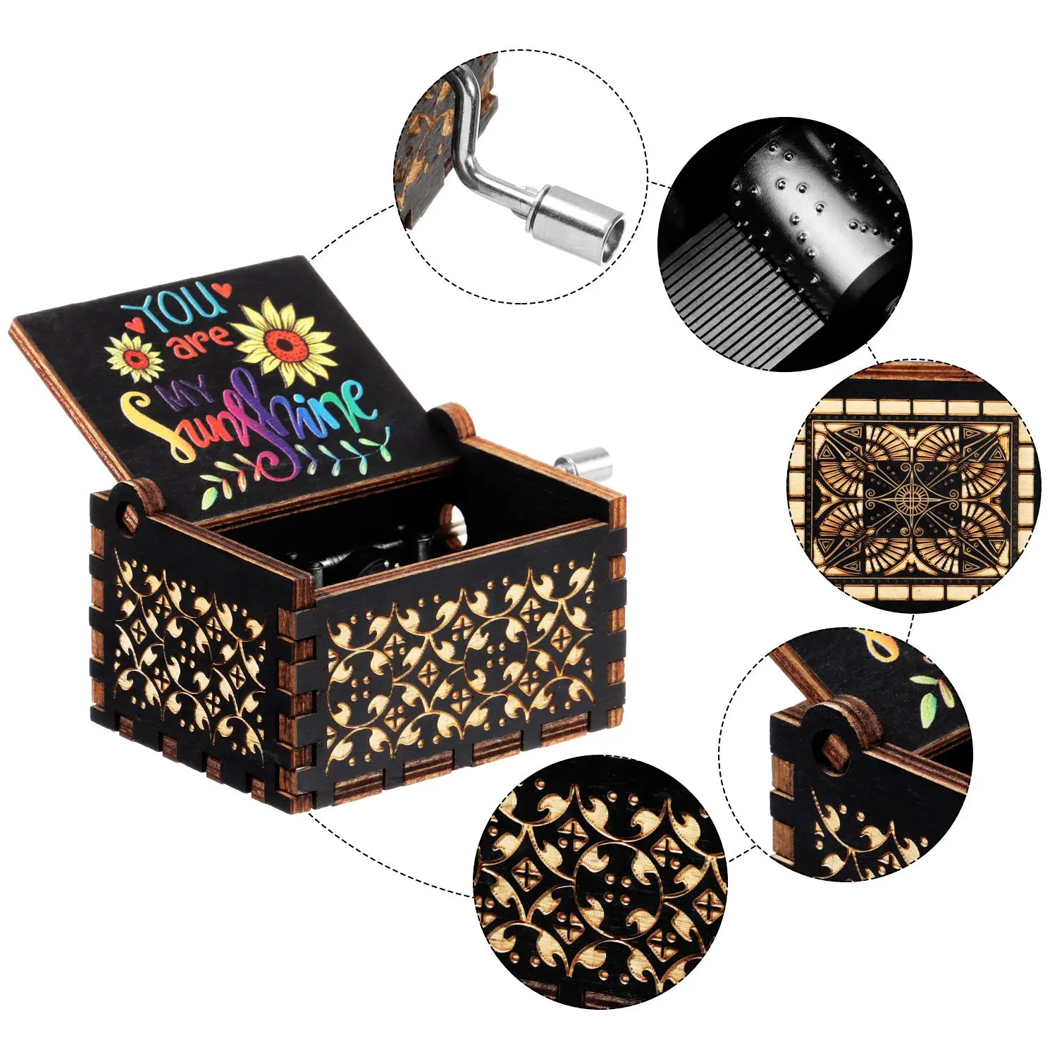 Hand-Cranked Wooden Musical Boxes You are My Sunshine Music Box Birthday Christmas Valentine's Day Suitable Gifts Black Engraved 4