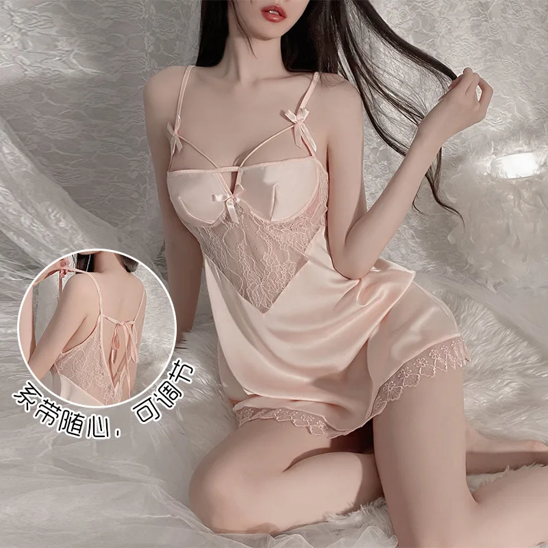 

Sexy Bow Applique Hollow Out Nightdress Women Sleepwear Nightgown Summer Lace Backless Home Dress Satin Nighty Gown Loungewear