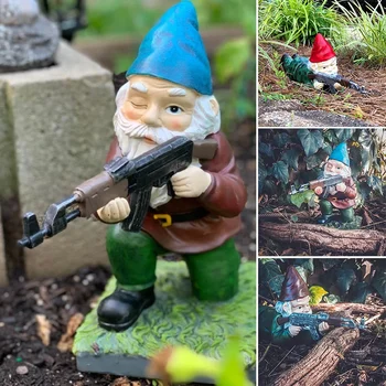 CS Gun Dwarf Figure Gnome Statue Funny Elf Statue Ornament Home Garden Lawn Yard Outdoor Decoration Accessories Gifts