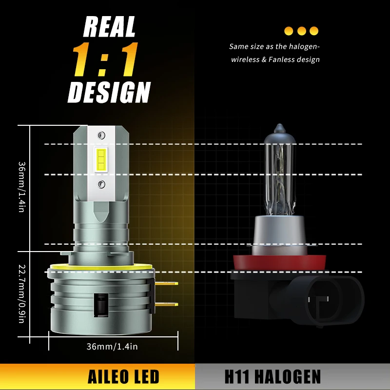 2 Pcs H11B LED Headlight Bulb 6000K Super Bright CSP 1:1 Mini Dedign With Fan Wireless Plug And Play 12V For Kia H8B H9B led car lights led lights led bulbs led headlights led car headlights car headlamps hid headlight bulbs