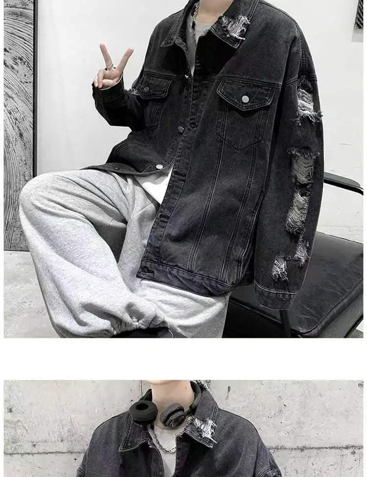 Spring Autumn Ripped Denim Jackets Men's Causal Loose Oversize Handsome High Street Overcoat Men Tops Male Clothes