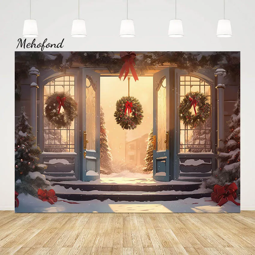 

Mehofond Christmas Front Door Backdrop for Photography Xmas Tree Wreath Snow Step Decor Children Holiday Background Photo Studio