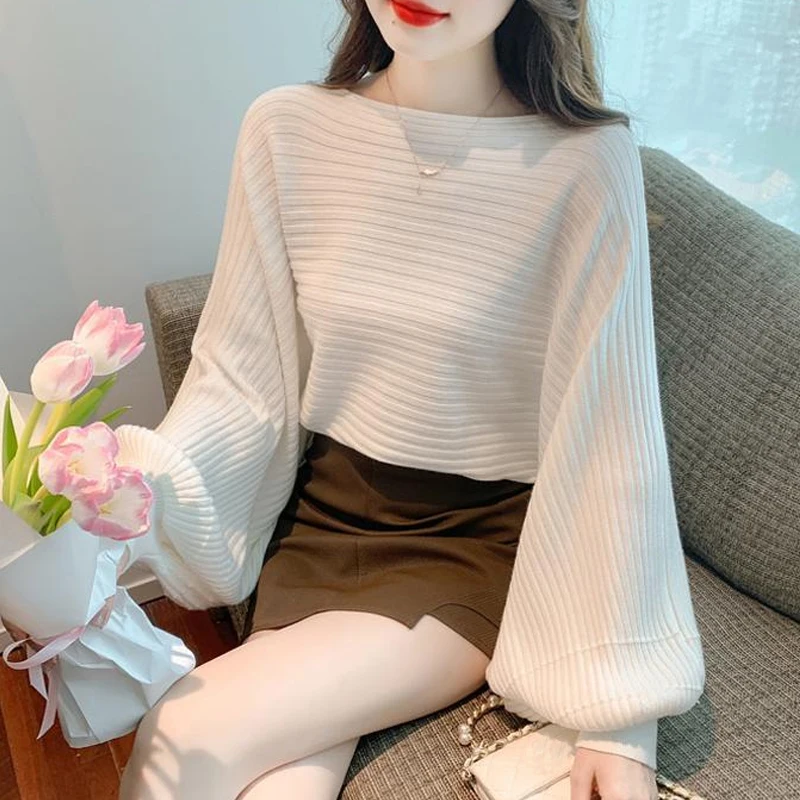 

Autumn Pullover Fashion Women Knitted Sweater Casual Korean Sweater Long Lantern Sleeve Loose Tops Elegant Simple Jumper 29305