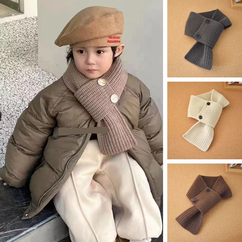 Children's Scarf Button Versatile Fashion Street Warm Woolen Neck Scarf Korean Cross Over For Children And Students