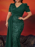 Plus Size Elegant V-neck Sequins Evening Dress Women Short Sleeves Mermaid Formal Luxury Party Streamer Prom Dress - Image 6