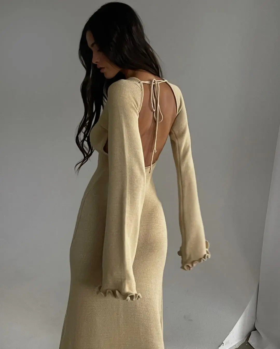 Ruffled Backless Knit Dress Solid Female Casual Lace-Up High Waist Long Sleeve Maxi Dress Knitwear Bandage Fashion Dress