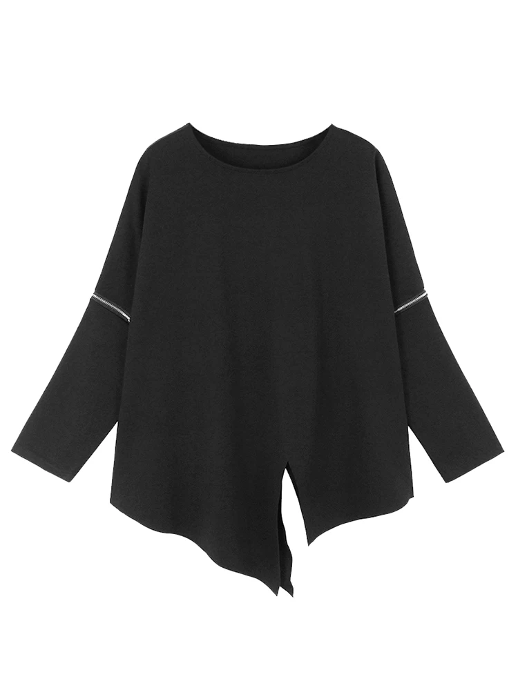 

Женский Повседневный пуловер на молнии с длинным рукавом летучая мышь, свободная Универсальная футболка большого размера, черный топ, модель X739 на весну и осень, 2024