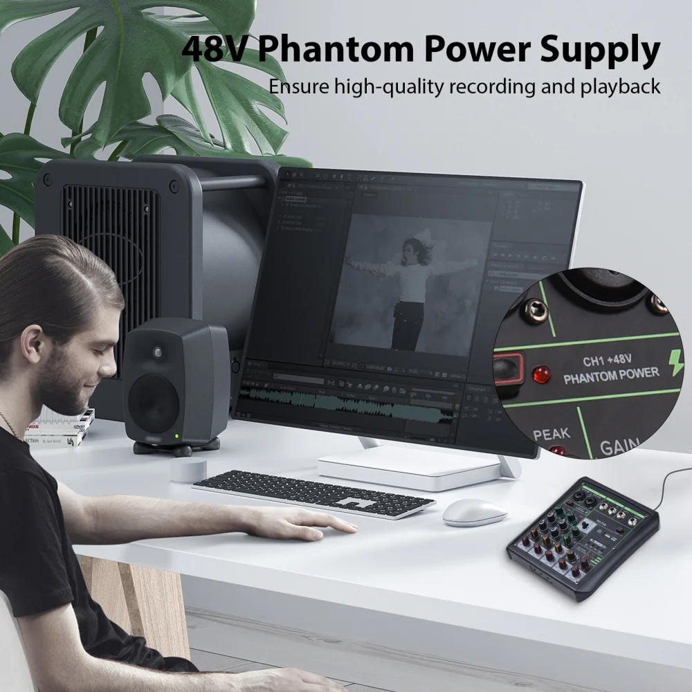 6 Way Audio Mixer 48V Phantom Power OTG Mixing Console USB MP3 Player with Record BT Sound Console Professional Audio Equipment