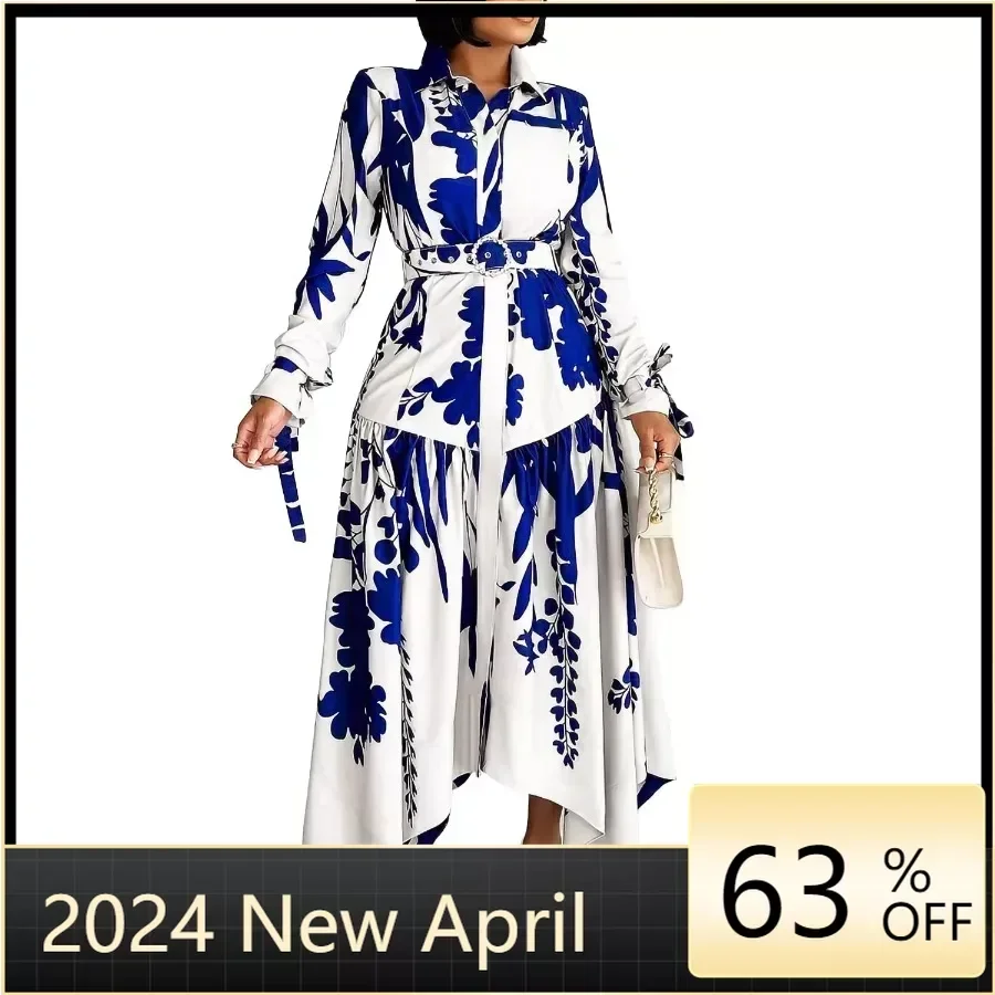 

Spring Casual Printed Irregular Maxi Dress Women Printing Button Party Evening Holidays Long Dress with Belt Women