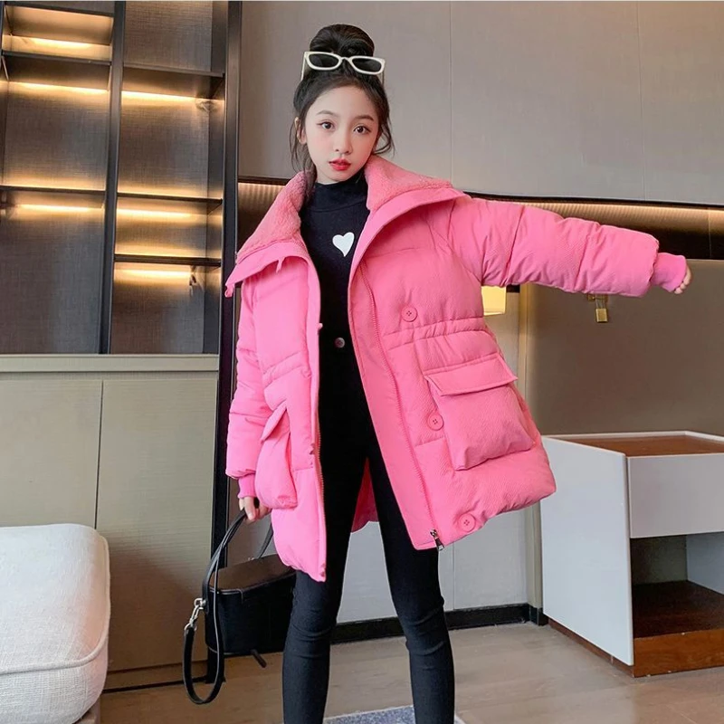 

New Winter Down Cotton Jacket Girls Warm Hooded Coat Children Tight Waist Outerwear Clothing Teenage 4 To 14Y Clothes Kids Parka