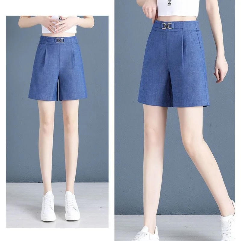 2024 Summer New Women's Solid Color Commute High-waisted Loose Thin Denim Bright Line Decoration Casual A-line Wide Leg Pants