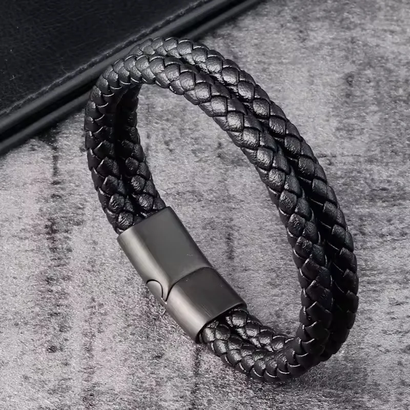 Handgewebtes Lederarmband für Herren | Klassisches Doppelschicht-Armband für Herren | Freizeit- und Businesskleidung | Ideales Geschenk für Ihn
