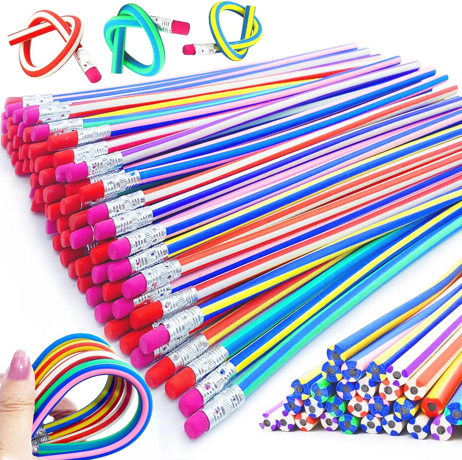 다채로운 벤디 연필, 유연한 부드러운 나무 리드 연필, 지우개 포함, 어린이 학생 학교 교실 용품, 구부릴 수 있는 펜 