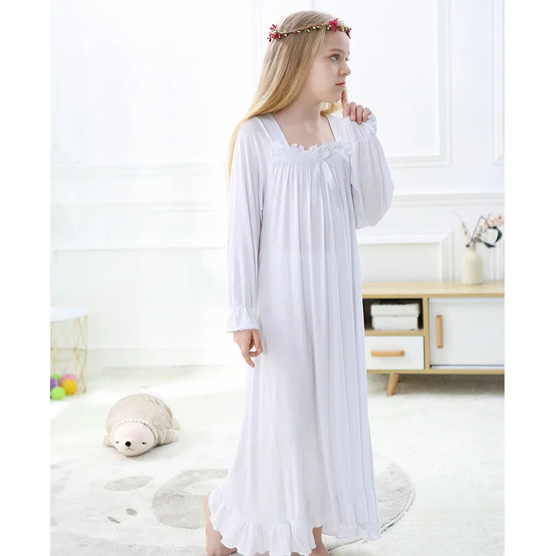 Girls Nightgown Long Sleeve White Pajamas Dress Palace Princess Nightdress Night Wear for Kids Girl Pijamas clothing