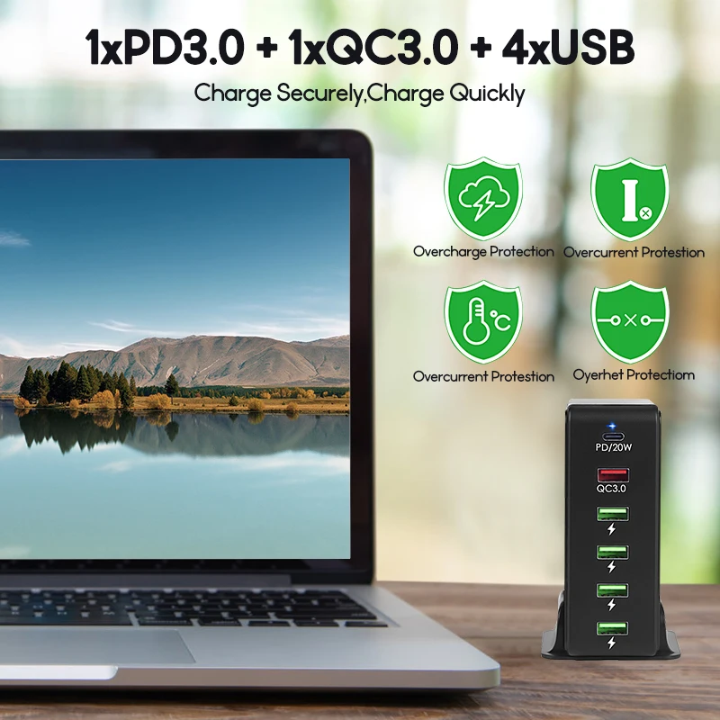 6 θύρες γρήγορης φόρτισης QC3.0 USB φορτιστής HUB, σταθμός φόρτισης 20W PD γρήγορος φορτιστής για iPhone 12 pro 11 iPad Tablet Samsung_voghion.com