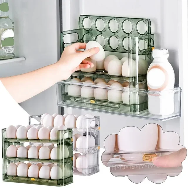 Boîte de rangement pour réfrigérateur d'œufs de cuisine de grande capacité, organisateur de plateau à œufs multicouche Portable, porte-œufs pratique à ouverture/fermeture 2