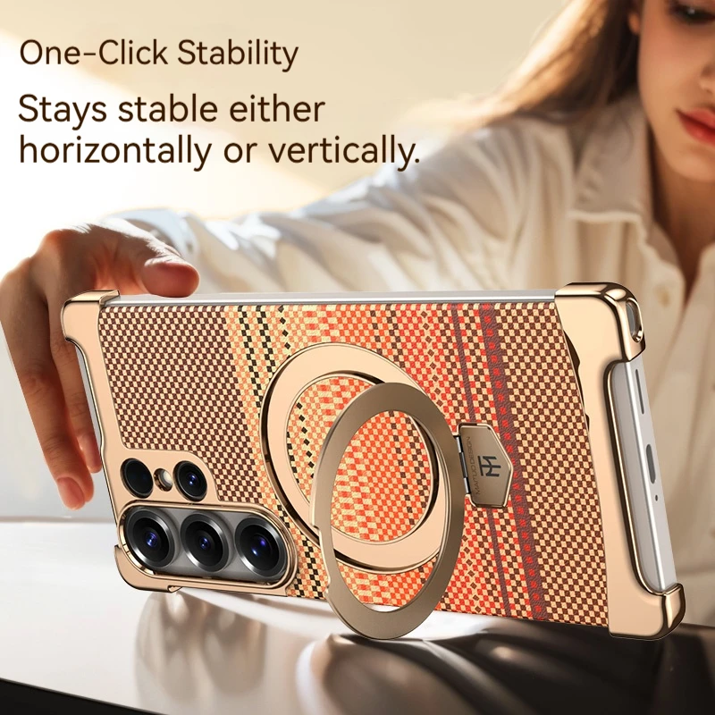 Carbon Fiber Textured Frameless Phone Case with Magnetic Rotating Bracket