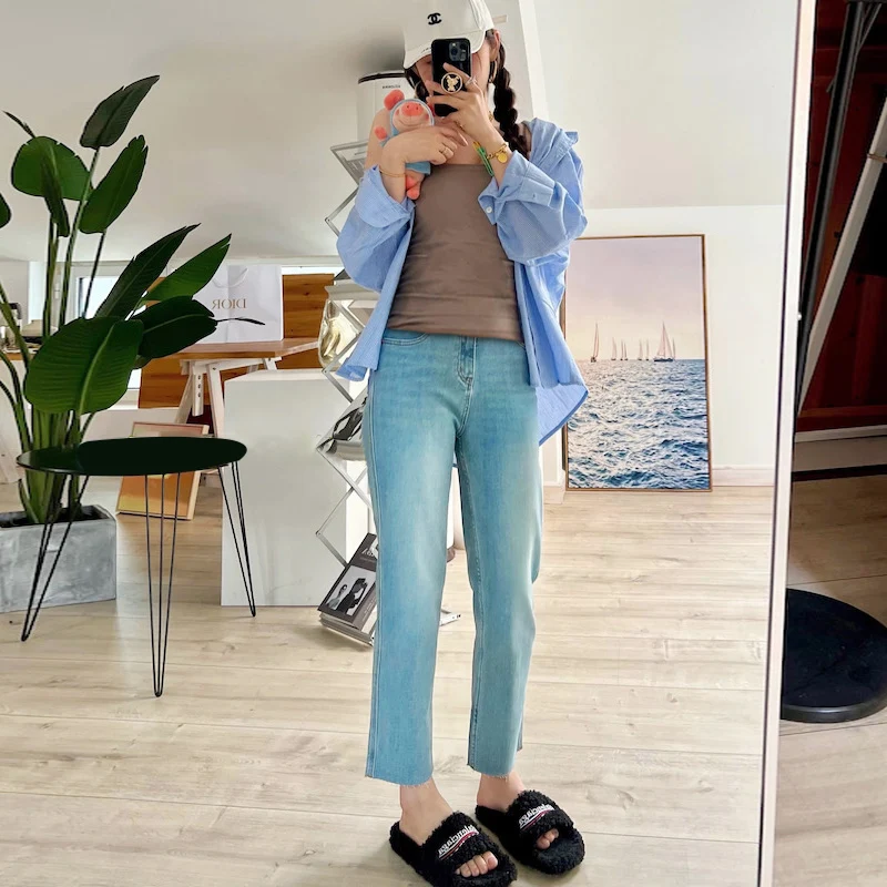 임산부용 얇은 데님 팬츠, 봄 여름 가을 아우터, 연청 스트레이트 레그 캐주얼 발목 기장 청바지